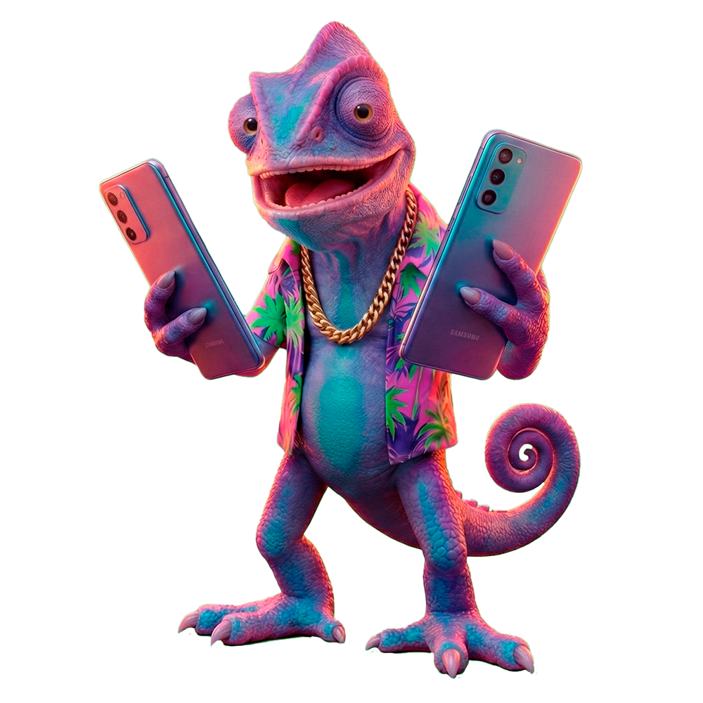 SimOn - Friendly Chameleon Mascot with suitcase