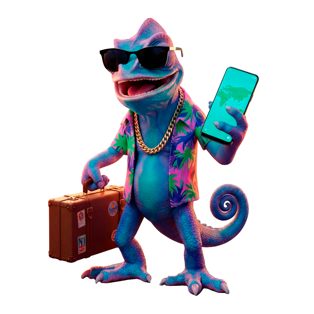 SimOn - Friendly Chameleon Mascot with suitcase